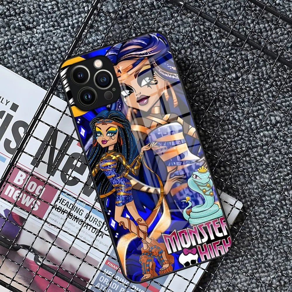 M-MonsterS Cartoon H-HighS Phone Case for iPhone 15 14 Pro 11 13 12 Mini XS XR Max 8 7 6 Plus SE 2020 Glass Design Cove