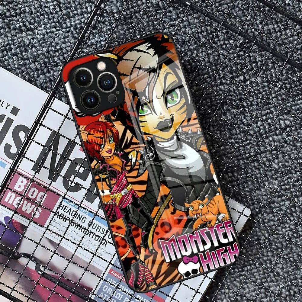 M-MonsterS Cartoon H-HighS Phone Case for iPhone 15 14 Pro 11 13 12 Mini XS XR Max 8 7 6 Plus SE 2020 Glass Design Cove