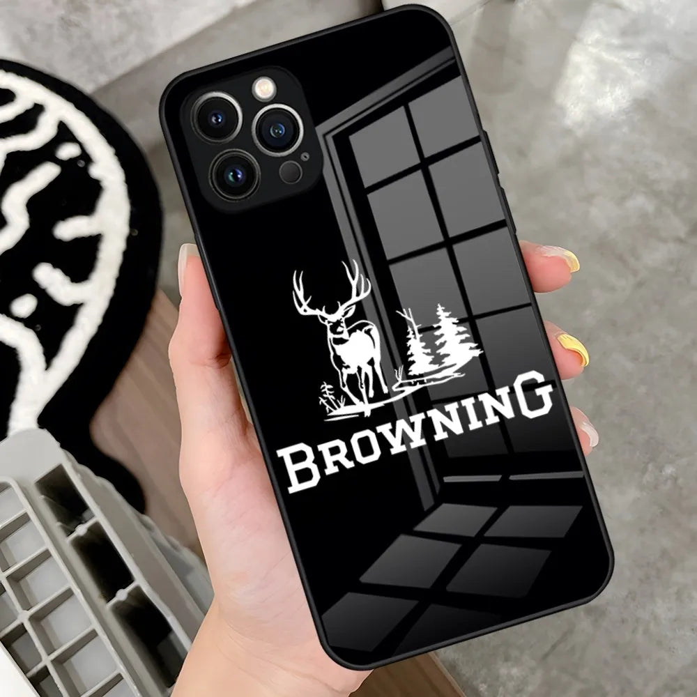 B-Browning Guns Cell Phone Case for iPhone 15 14 Pro 13 12 11 Mini XR Max 6 8 7 Plus SE 2022 Glass Design Cove