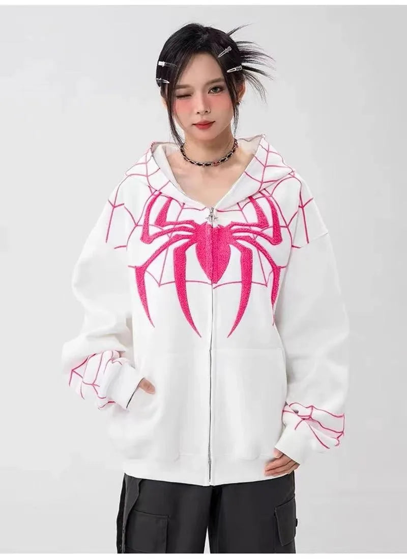 Gothic Y2k Anime Embroidery Zipper Spider Hoodies Men Sweatshirt Clothes Harajuku Oversize Hip Hop Long Sleeve Hoodie Men Women