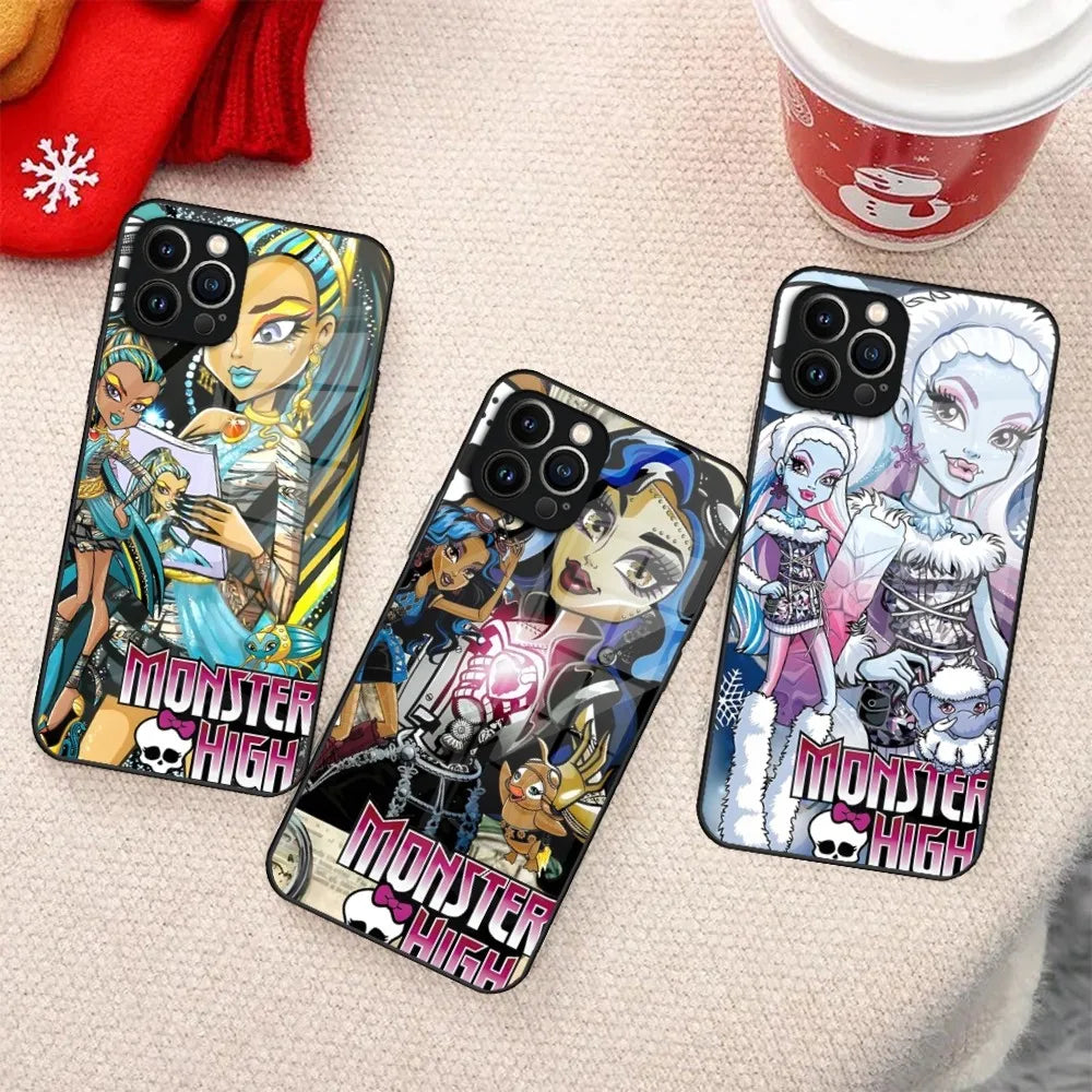 M-MonsterS Cartoon H-HighS Phone Case for iPhone 15 14 Pro 11 13 12 Mini XS XR Max 8 7 6 Plus SE 2020 Glass Design Cove