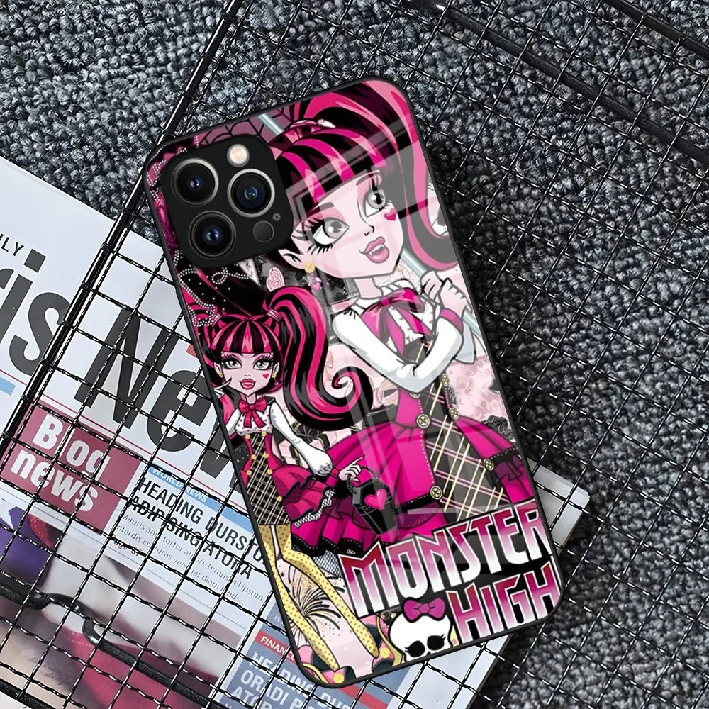 M-MonsterS Cartoon H-HighS Phone Case for iPhone 15 14 Pro 11 13 12 Mini XS XR Max 8 7 6 Plus SE 2020 Glass Design Cove