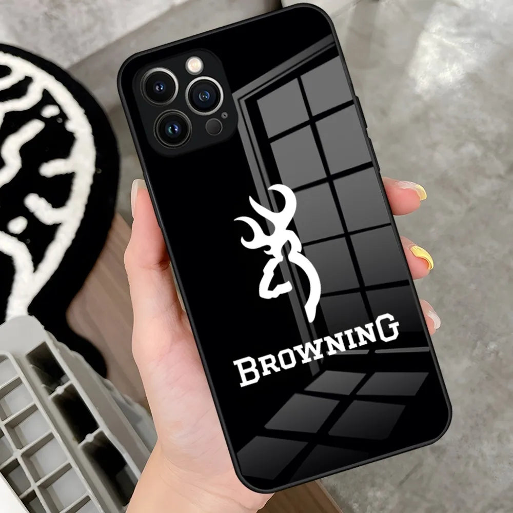 B-Browning Guns Cell Phone Case for iPhone 15 14 Pro 13 12 11 Mini XR Max 6 8 7 Plus SE 2022 Glass Design Cove