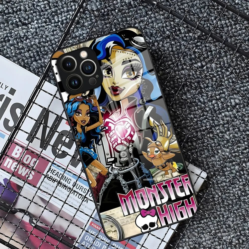 M-MonsterS Cartoon H-HighS Phone Case for iPhone 15 14 Pro 11 13 12 Mini XS XR Max 8 7 6 Plus SE 2020 Glass Design Cove